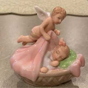 Porcelain Angel Watching Over Sleeping Baby Figurine - Pink